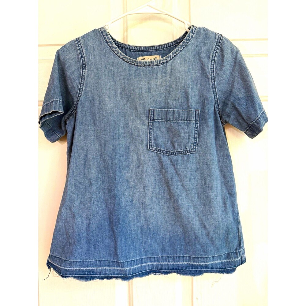 Madewell Women’s Blue Cotton Denim Short Sleeve Round Neck Pocket Top XXS